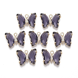 Glass Pendants, with Micro Pave Cubic Zirconia and Brass Open Back Settings, Faceted, Butterfly, Light Gold, Indigo, 15.5x20x4mm, Hole: 1.8mm(GLAA-T021-24E)