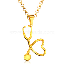SHEGRACE Stainless Steel Pendant Necklaces, with Lobster Claw Clasps and Rolo Chains, Stethoscope, Real 18K Gold Plated, 23.62 inch(60cm), Pendant: 28x38mm(JN073B-X)