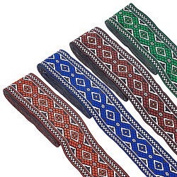 PandaHall Elite 14M 4 Colors Ethnic Style Rhombus Pattern Polyester Ribbon, Jacquard Ribbon, Tyrolean Ribbon, Clothing Accessories, Mixed Color, 2 inch(50mm), 3.5m/color(OCOR-PH0003-89)