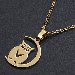 201 Stainless Steel Pendants Necklaces, with Cable Chains and Lobster Claw Clasps, Halloween Theme, Owl with Moon, Golden, 17.71 inch(45cm), 1.5mm(NJEW-S105-JN707-45-2)