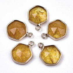 Glass Charms, with Light Gold Tone Brass Findings, Hexagon, Faceted, Gold, 15x11x4.5mm, Hole: 1.5mm(GLAA-N040-003A)