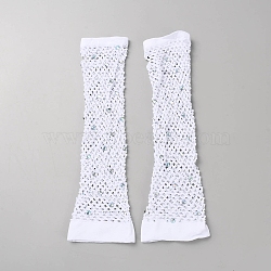 Nylon Mesh Long Gloves, with Rhinestones, for Carnival Garment Accessories, White, 270x65~85x3.5mm(AJEW-WH20010-12B)