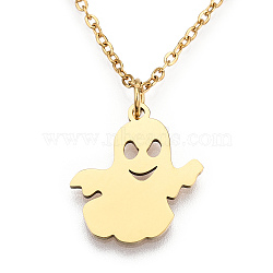 For Halloween, 201 Stainless Steel Pendant Necklaces, with Cable Chains and Lobster Claw Clasps, Ghost, Golden, 15.74 inch(40cm), 1.5mm(NJEW-S105-JN591-40-2)