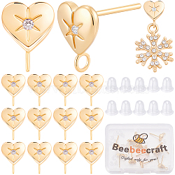 16Pcs Brass Micro Pave Clear Cubic Zirconia Stud Earring Findings, Long-Lasting Plated, Nickel Free, Real 18K Gold Plated, with 16Pcs Plastic Ear Nuts, Heart, 10.8x7.8mm, Hole: 2mm, Pin: 0.8mm(MAK-BBC0001-19A)