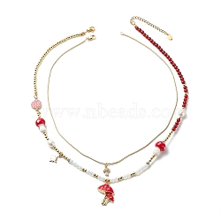 2Pcs 2 Style Alloy Enamel Mushroom Pendant Necklaces Set, Natural Pearl & Mixed Stone Beaded Stackable Necklaces for Women, Golden, 17.72~20.47 inch(45~52cm), 1Pc/style(NJEW-JN04095)