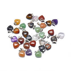 Natural & Synthetic Mixed Gemstone Charms, with Platinum Tone Brass Findings, Heart, 12.5~13x10x3~5mm, Hole: 2.5x4.5mm(G-F649-H)