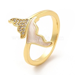 Cubic Zirconia & Enamel Double Whale Tail Shape Open Cuff Ring, Brass Jewelry for Women, Real 18K Gold Plated, US Size 6 1/2(16.9mm)(KK-H439-19G)