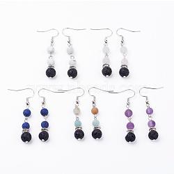 Frosted Natural Gemstone Dangle Earrings, with Natural Lava Rock Beads, Brass Earring Hooks and Alloy & Iron Findings, 51mm, Pin: 0.6mm(EJEW-JE02456)