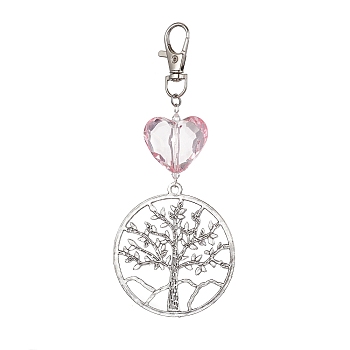 Flat Round with Tree of Life Alloy Pendant Decorations, Glass Heart and Swivel Lobster Claw Clasps Charm, Antique Silver & Platinum, 113mm