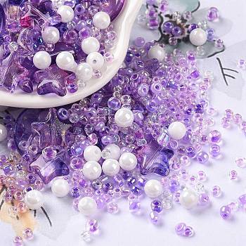 DIY Jewelry Making Finding Kit, Glass & Seed Beads, Round & Star & Moon, Blue Violet, 2~16x2~12x3~7mm, Hole: 0.8~1.2mm