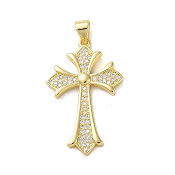 Brass Micro Micro Pave Clear Cubic Zirconia Pendants, Cross, Real 18K Gold Plated, 31x19x2.5mm, Hole: 4x3.5mm