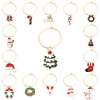 SUNNYCLUE 30Pcs 15 Style Alloy Enamel Pendants, with 30Pcs Brass Wine Glass Charm Rings, for Christmas, Mixed Shape, Mixed Color, 14~23x7.5~19x1.5~3mm, hole:1.5~2.5, 2pcs/style