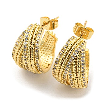 Brass Micro Pave Cubic Zirconia Stud Earrings, Split Earrings, Half Hoop Earrings, Real 16K Gold Plated, 18.5x12x18.5mm