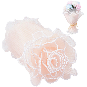 Polyester Flower Bouquet Wrapping Mesh Paper, with ABS Plastic Imitation Pearl Edge, for Valentine's Day, Wedding, Birthday Decoration, Pink, 27.8cm, 4.5yard/bag