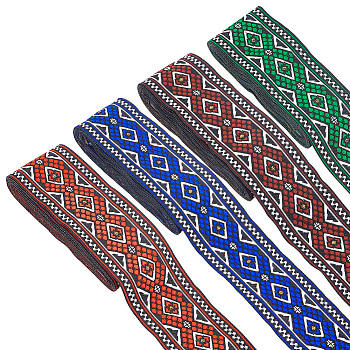 Elite 14M 4 Colors Ethnic Style Rhombus Pattern Polyester Ribbon, Jacquard Ribbon, Tyrolean Ribbon, Clothing Accessories, Mixed Color, 2 inch(50mm), 3.5m/color
