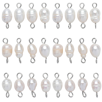 30Pcs Natural Cultured Freshwater Pearl Connector Charms, Rice Links, with Stainless Steel Color Plated 304 Stainless Steel Double Loops, White, 15x6mm, Hole: 2mm