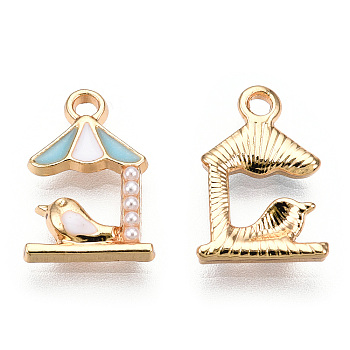 Light Gold Plated Alloy Charms, with Enamel and ABS Plastic Imitation Pearl, Umbrella with Bird, Light Blue, 14.5x10x2.5mm, Hole: 1.6mm