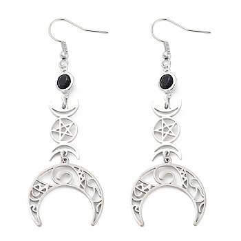 304 Stainless Steel with Rhinestone Dangle Earrings, Moon, Stainless Steel Color, 74.5x24mm