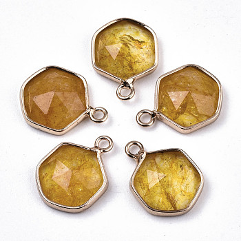 Glass Charms, with Light Gold Tone Brass Findings, Hexagon, Faceted, Gold, 15x11x4.5mm, Hole: 1.5mm