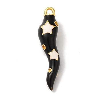 Rack Plating Brass Enamel Pendants, Cadmium Free & Lead Free, Long-Lasting Plated, Horn of Plenty/Italian Horn Cornicello with Star Charm, Real 18K Gold Plated, Black, 27x6.5mm, Hole: 1.6mm