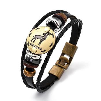 Braided Leather Cord Retro Multi-strand Bracelets, with Wood Beads, Hematite Beads and Alloy Findings, Flat Round,  Antique Bronze, Capricorn, 8-1/4 inch(21cm)