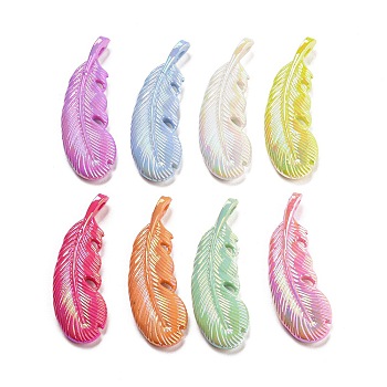 UV Plating Opaque Acrylic Pendants, AB Color Plated, Iridescent Feather, Mixed Color, 45x15.5x7mm, Hole: 2.8mm