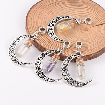 Moon Antique Silver Alloy European Dangle Charms, with Mixed Stone Glass Wishing Bottles, 57x28x10mm, Hole: 4.5mm