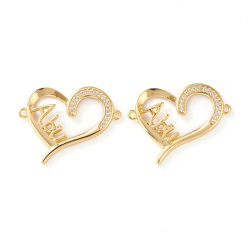 Brass Micro Pave Clear Cubic Zirconia Links, Long-Lasting Plated, Heart with Word Abu, Real 18K Gold Plated, 22x26x3mm, Hole: 1.2mm
