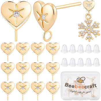 16Pcs Brass Micro Pave Clear Cubic Zirconia Stud Earring Findings, Long-Lasting Plated, Nickel Free, Real 18K Gold Plated, with 16Pcs Plastic Ear Nuts, Heart, 10.8x7.8mm, Hole: 2mm, Pin: 0.8mm