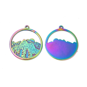 Ion Plating(IP) 304 Stainless Steel Pendants, Ring with Mountains Charms, Rainbow Color, 27.5x25x1.5mm, Hole: 1.4mm