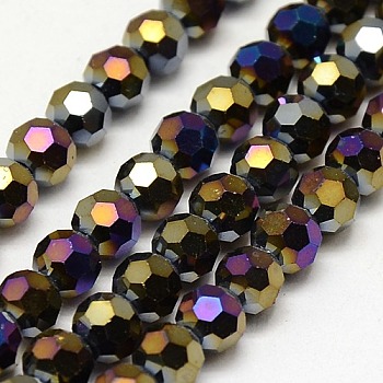 Electroplate Glass Beads Strands, AB Color, Faceted(32 Facets), Round, Black, 8mm, Hole: 1mm, about 70~72pcs/strand, 22.6 inch