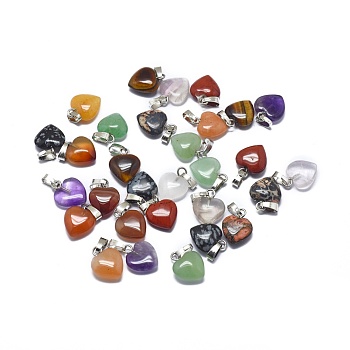 Natural & Synthetic Mixed Gemstone Charms, with Platinum Tone Brass Findings, Heart, 12.5~13x10x3~5mm, Hole: 2.5x4.5mm