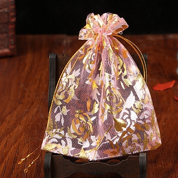 Organza Drawstring Jewelry Pouches, Wedding Party Gift Bags, Rectangle with Gold Stamping Flower Pattern, Pink, 9x7cm