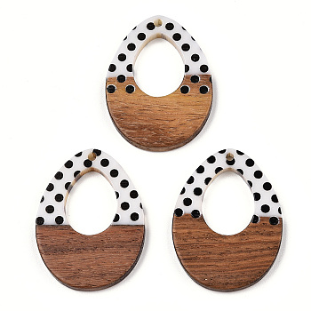 Printed Opaque Resin & Walnut Wood Pendants, Hollow Teardrop Charm with Polka Dot Pattern, White, 37.5x28.5x3.5mm, Hole: 2mm