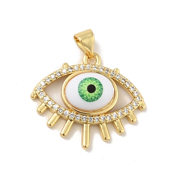 Brass Micro Pave Cubic Zirconia Pendants, with Enamel, Cadmium Free & Lead Free, Long-Lasting Plated, Evil Eye, Real 18K Gold Plated, Green, 20x24x6.5mm, Hole: 4x3.5mm