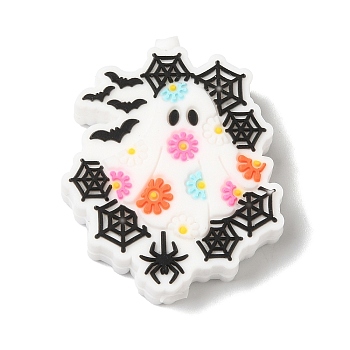 Halloween Themed Web Ghost Silicone Focal Beads, Silicone Teething Beads, White, 28x25x7mm, Hole: 3mm