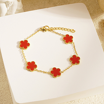 Acrylic Flower Link Chain Bracelet, Real 18K Gold Plated Stainless Steel Bracelet, Red, 6-3/4 inch(17cm)