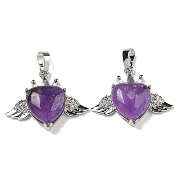 Natural Amethyst with Clear Cubic Zirconia Pendants, Heart & Wing Charms with Rack Plating Brass Findings, Platinum, Cadmium Free & Lead Free, 25x31.5x8.5~9mm, Hole: 7.9x5mm