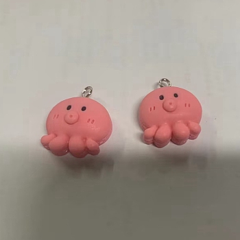Opaque Resin Pendants, Octopus Charm, with Platinum Tone Iron Loops, Pink, 24x20x9mm, Hole: 2x2.7mm
