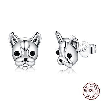 Rhodium Plated 925 Sterling Silver Stud Earrings, with Cubic Zirconia and Ear Nuts, Dog, Black, Platinum, 9.5x10mm
