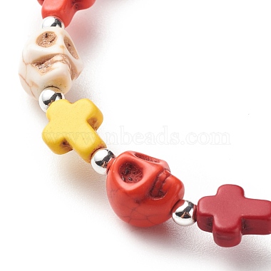 Synthetic Turquoise(Dyed) Cross & Skull Beaded Stretch Bracelet(BJEW-JB08452-02)-5