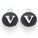 Platinum Plated Alloy Charms, Cadmium Free & Lead Free, with Enamel, Enamelled Sequins, Flat Round with Letter, Letter.V, 14x12x2mm, Hole: 1.5mm(ENAM-S118-02V-P)