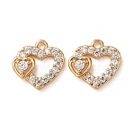 Brass with Cubic Zirconia Pendants, Heart Charms, Clear, Real 18K Gold Plated, 10.5x11x3mm, Hole: 1.2mm(KK-L270-06G)