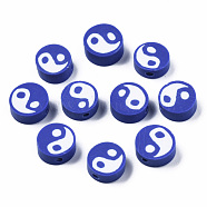 Handmade Polymer Clay Beads, Flat Round with Yin Yang, Blue, 9~10x9~10x4~7mm, Hole: 2mm(CLAY-T016-65I)