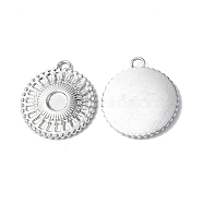 304 Stainless Steel Pendant Cabochon Settings, Flat Round with Sun Charm, Stainless Steel Color, Tray: 4mm, 18.5x16.5x1.8mm, Hole: 1.6mm(STAS-C066-13P)