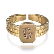 Brass Micro Pave Clear Cubic Zirconia Cuff Rings, Open Rings, Cadmium Free & Lead Free, Rectangle, Golden, Letter.G, US Size 6 1/4, Inner Diameter: 16.8mm(RJEW-H538-02G-G)