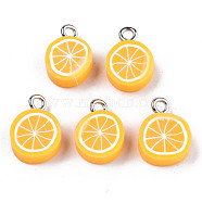 Handmade Polymer Clay Charms, with Platinum Tone Iron Findings, Orange, 13~15x10.5~11.5x4~5mm, Hole: 1.8mm(CLAY-T016-59A)