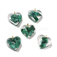 Transparent Resin Natural Malachite Jasper Dyed Chips Pendants, with Golden Tone Brass Loops, Heart Charm, Green, 16.5x15.5x6~6.5mm, Hole: 2mm(G-E185-12G-13)
