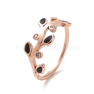 Crystal Rhinestone Leaf Finger Ring with Enamel, Ion Plating(IP) 304 Stainless Steel Jewelry for Women, Rose Gold, US Size 7(17.3mm)(RJEW-D120-20B-RG)