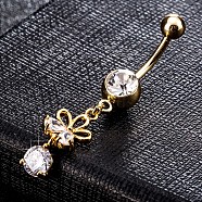 Brass Cubic Zirconia Navel Ring, Belly Rings, with Use Stainless Steel Findings, Cadmium Free & Lead Free, Real 18K Gold Plated, Flower, Clear, 46x9mm(AJEW-EE0004-03A)